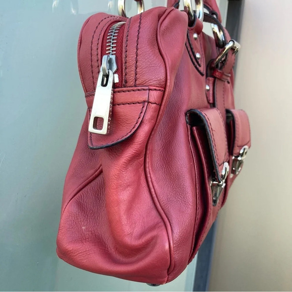MARC JACOBS Handbag Deep Red Double Pockets Leather Silver Hardware Satchel - Picture 9 of 16